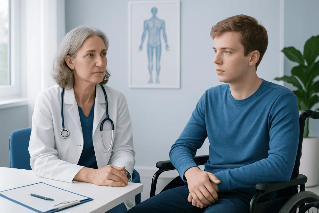 Doctor consulting with a young male patient in a medical office.