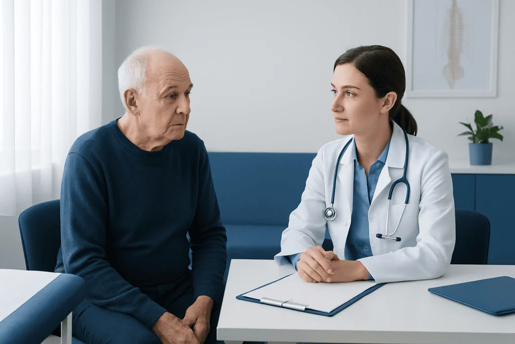 Doctor consulting with elderly patient in a medical office setting.