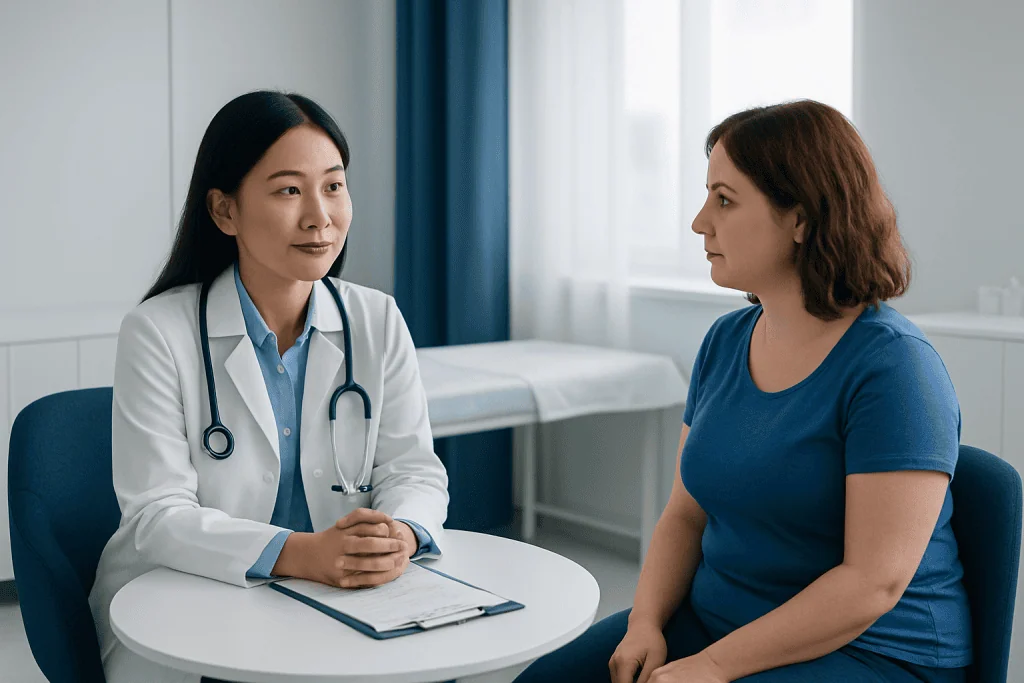 Female patient consulting with a doctor in a medical office.