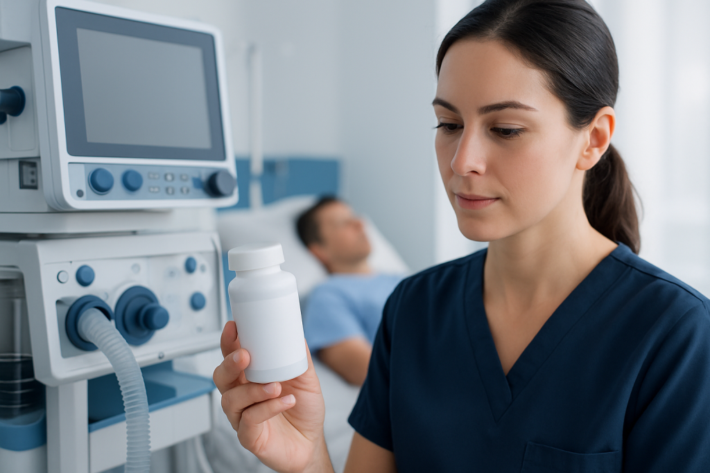 Nurse holding medication bottle in hospital room with patient in background.