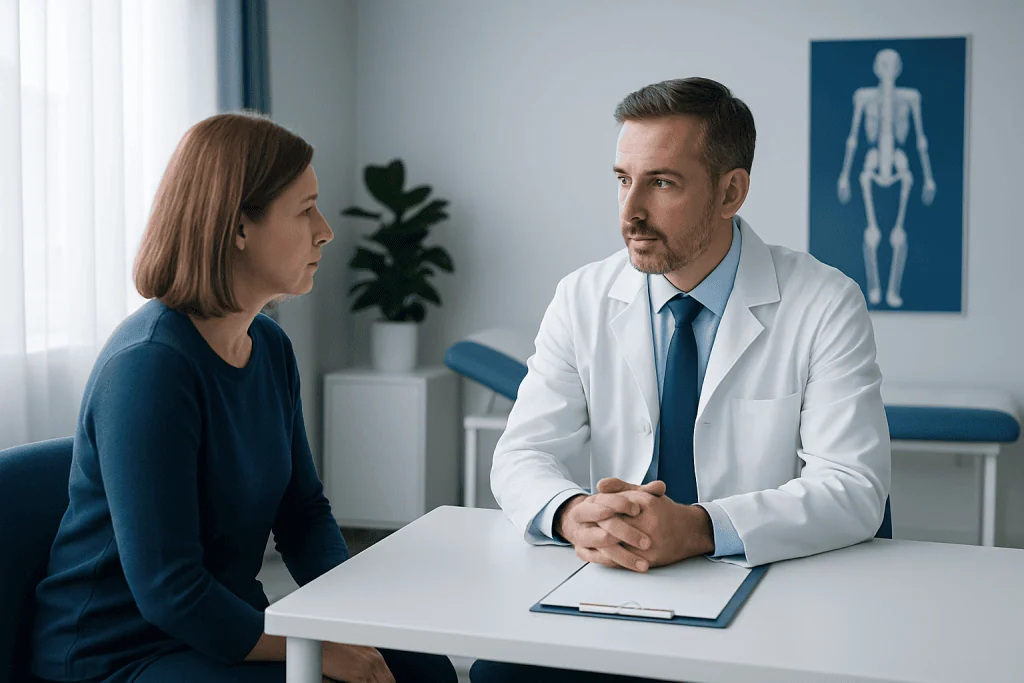 Doctor consulting a female patient in a medical office with skeleton diagram.