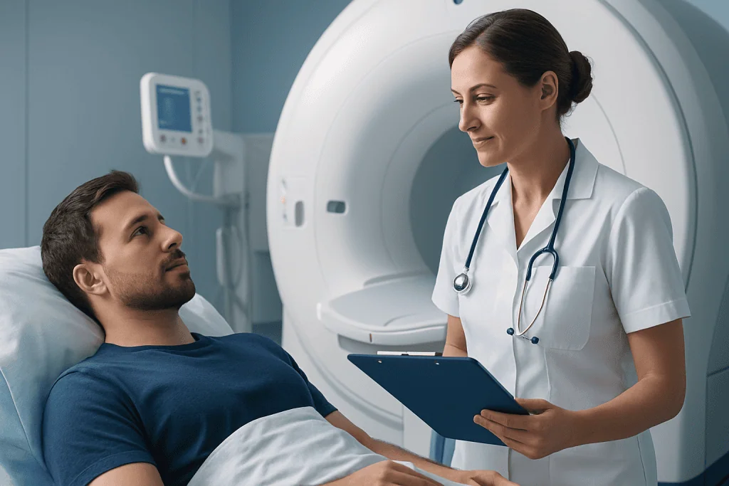 Medical professional consulting patient before MRI scan at Acibadem Hospital.