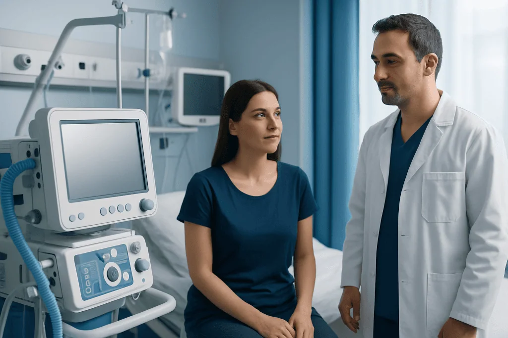 Doctor consulting patient in hospital room with medical equipment.