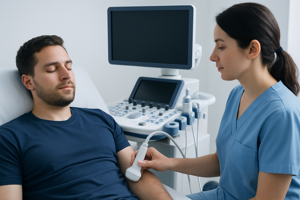 Medical professional performs ultrasound on patient in hospital setting.
