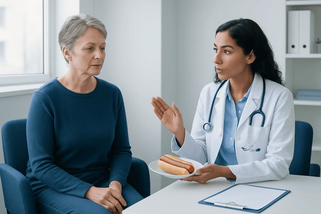 Doctor discussing health concerns with a patient in a clinic setting.