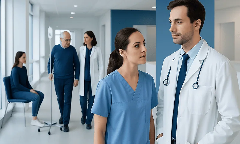Inotropic: An Evidence-Based Guide for Patients 6 Medical professionals in a hospital corridor discussing patient care.