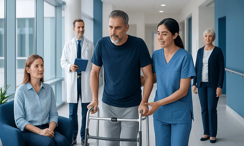 Patient using walker with healthcare staff in hospital corridor.