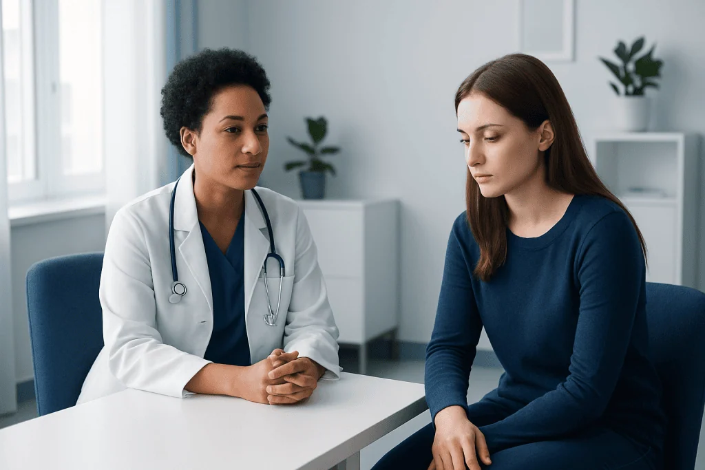 Doctor consulting with a patient in a modern medical office.