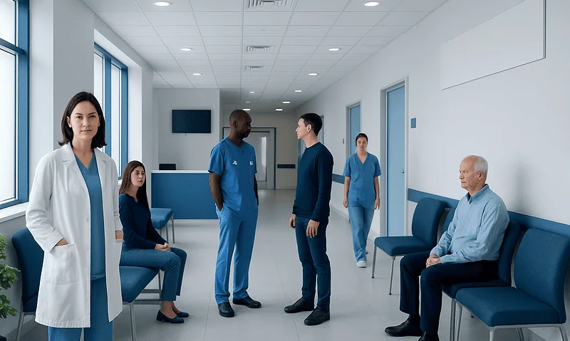 Hospital corridor with medical staff and patient in waiting area.