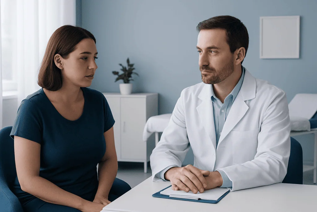 Doctor consulting with a female patient in a medical office setting.