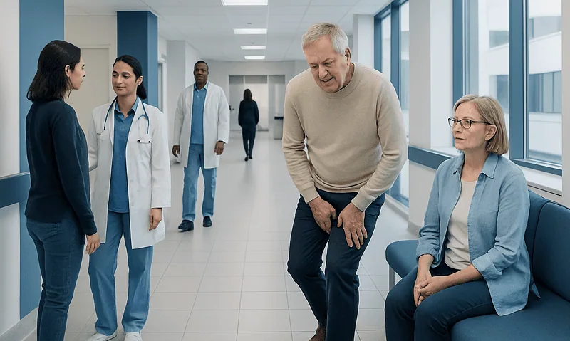 Elderly man experiencing leg pain in hospital corridor with medical staff nearby.