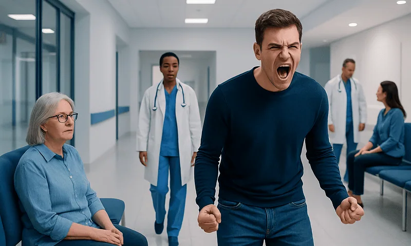 Young man shouting angrily in a hospital corridor.