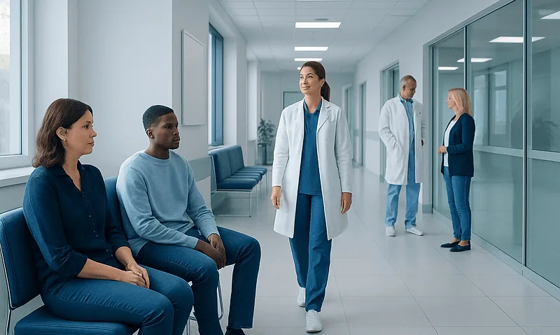 Healthcare professionals and patients in a modern hospital corridor.