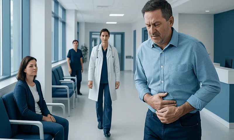 Man experiencing abdominal pain in hospital corridor with medical staff nearby.