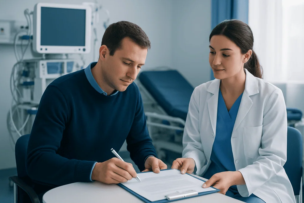 Patient signing medical consent form with healthcare professional in hospital.