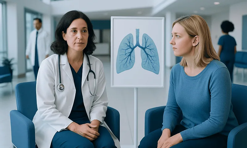Doctor consulting with patient about lung health in hospital setting.