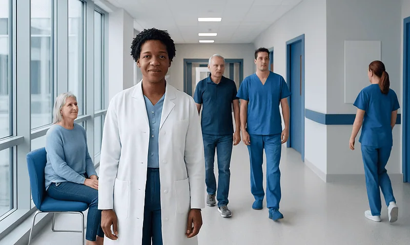 Diverse medical team in hospital corridor with patient.
