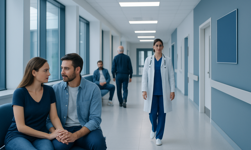Patients waiting in a hospital corridor with a healthcare professional approaching.