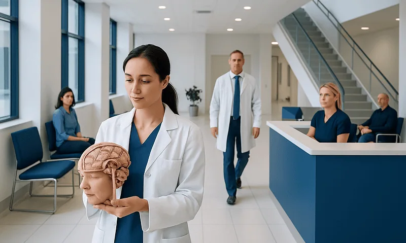 Medical professional holding a brain model in a hospital corridor.