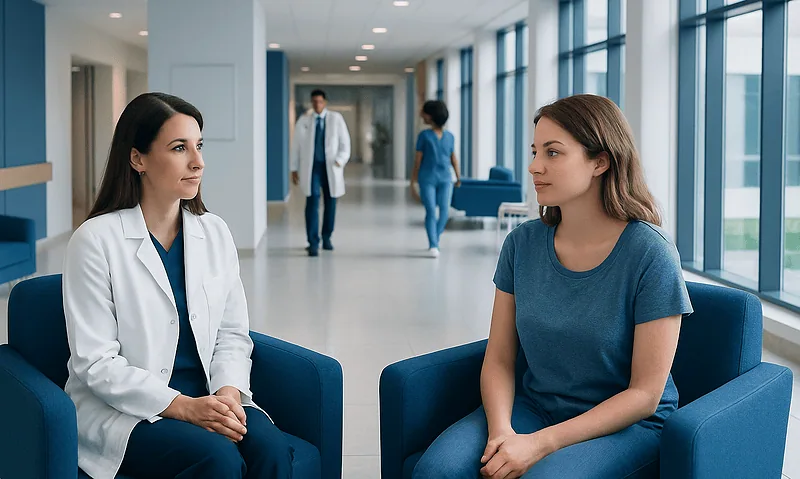 Medical consultation in a hospital corridor with doctor and patient.
