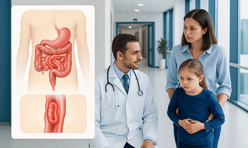 Doctor explaining intestinal issues to a mother and child in a hospital corridor.