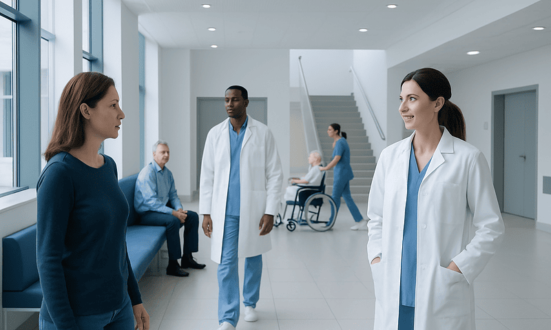 Hospital staff and patients in a modern healthcare facility.