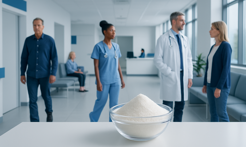 Medical professionals and patient in hospital corridor with inulin powder in foreground.
