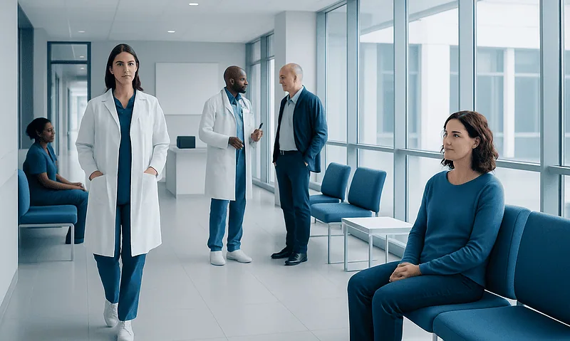 Medical professionals and patients in a modern hospital waiting area.