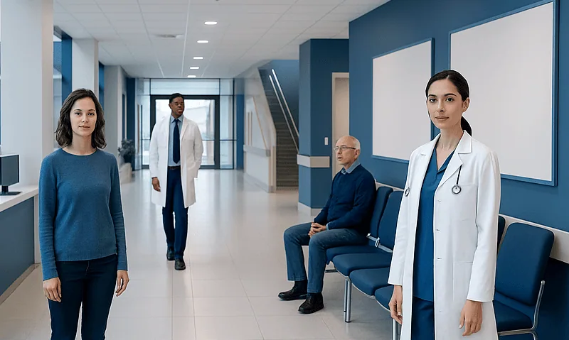 Medical professionals and patients in a modern hospital corridor.
