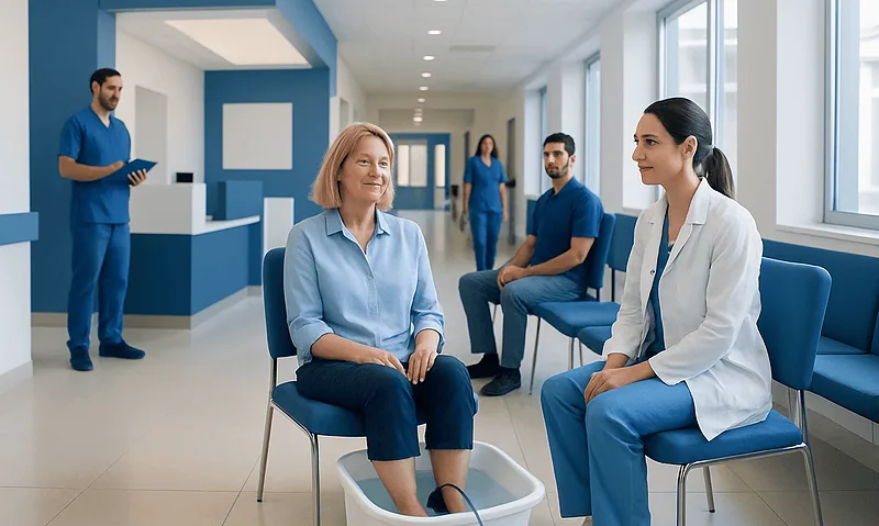 Patient undergoing foot detox treatment at Acibadem Hospital.