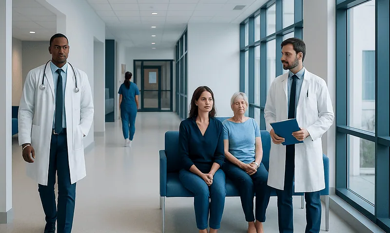 Medical consultation in hospital corridor with doctors and patient.