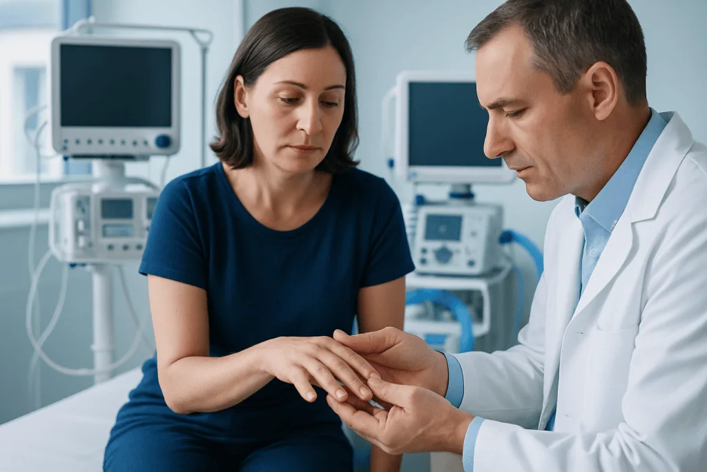 Doctor examining patient's nails in a hospital setting.