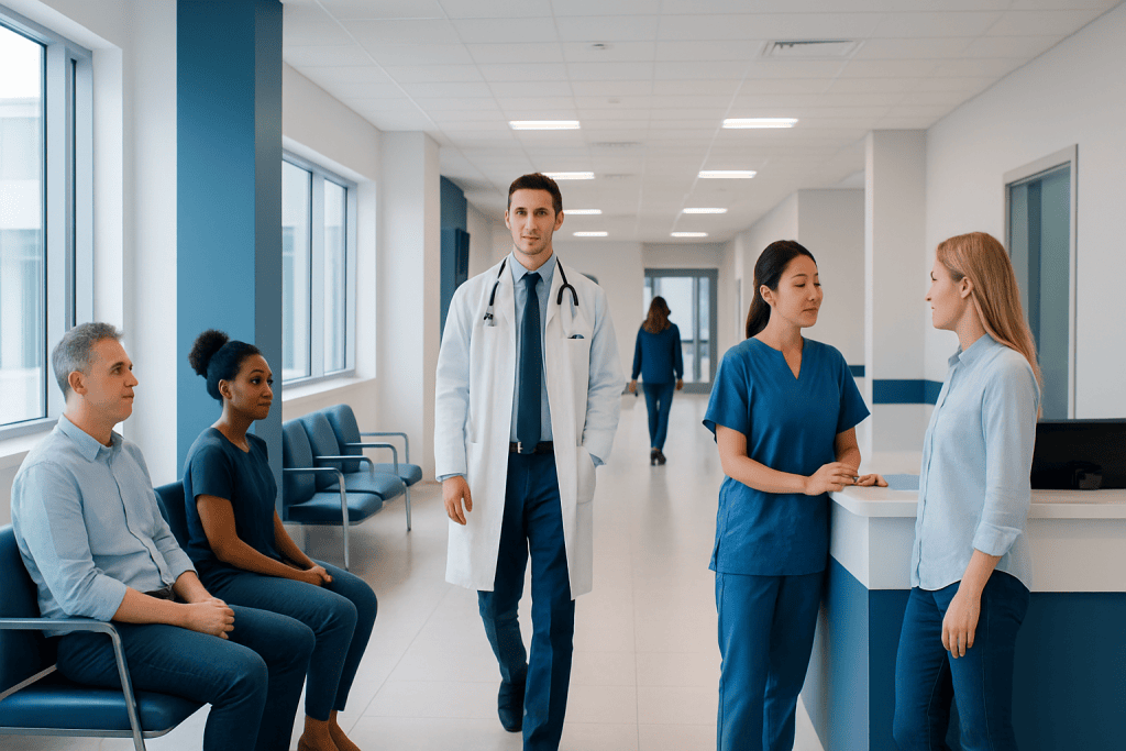 Iron Sushi: An Evidence-Based Guide for Patients 1 Healthcare professionals and patients in a modern hospital corridor.