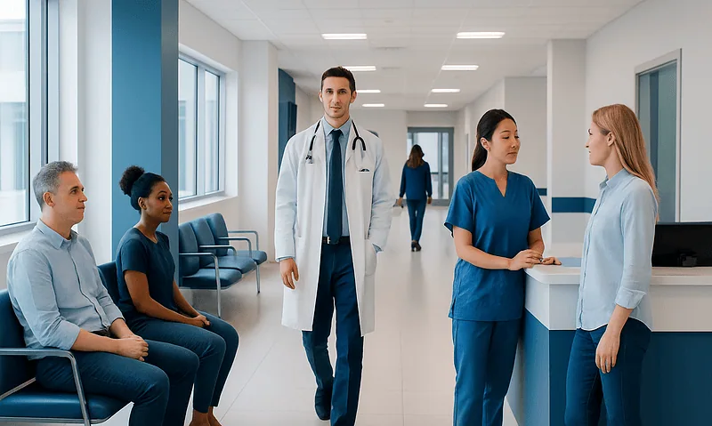 Healthcare professionals and patients in a modern hospital corridor.