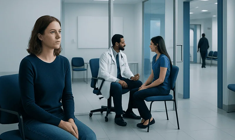 Patient in consultation with doctor in hospital waiting area.