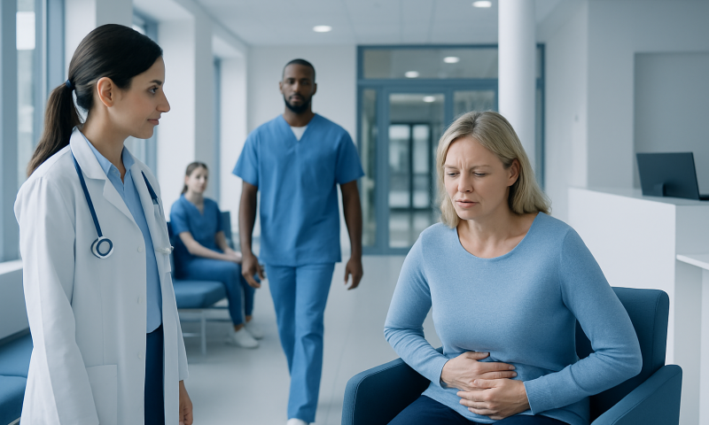 Doctor consulting a woman with stomach pain in hospital corridor.