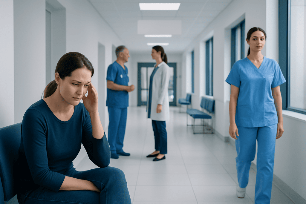 Irritation: An Evidence-Based Guide for Patients 1 Patient experiencing headache in hospital corridor with medical staff nearby.