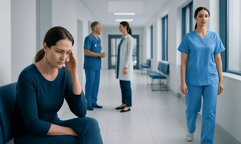 Patient experiencing headache in hospital corridor with medical staff nearby.