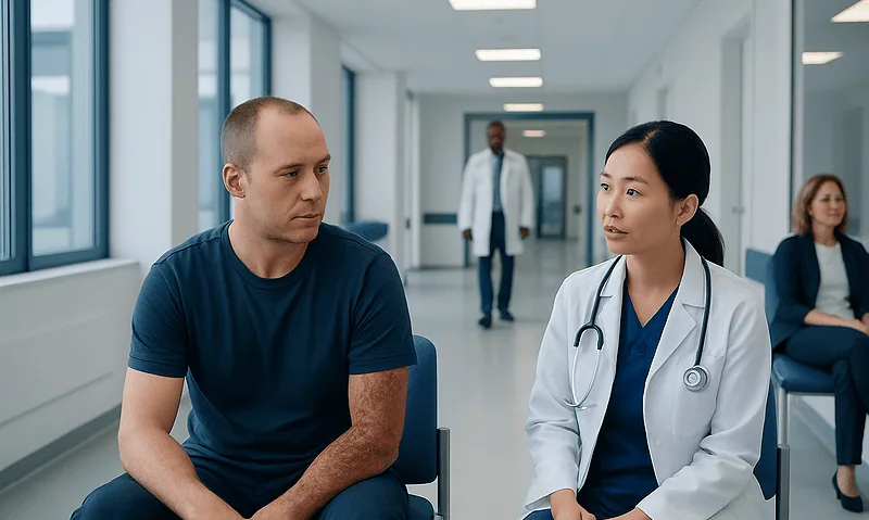 Doctor consulting a patient in a hospital corridor.