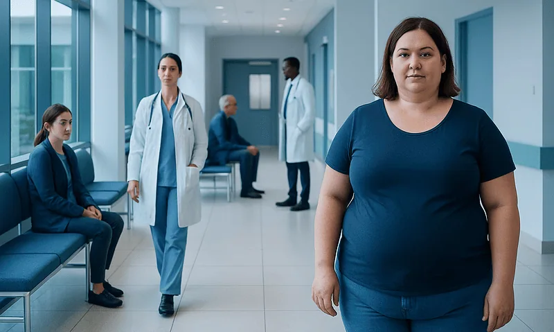 Patients and medical staff in a hospital corridor at Acibadem Hospitals Group.
