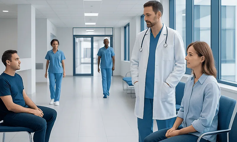 Medical team consulting patient in hospital corridor at Acibadem Hospitals Group.