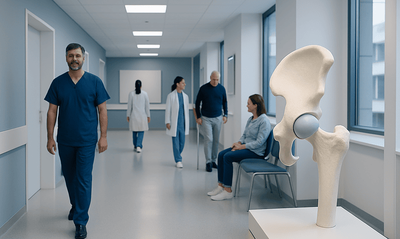 Medical team in hospital corridor with hip joint model for education.