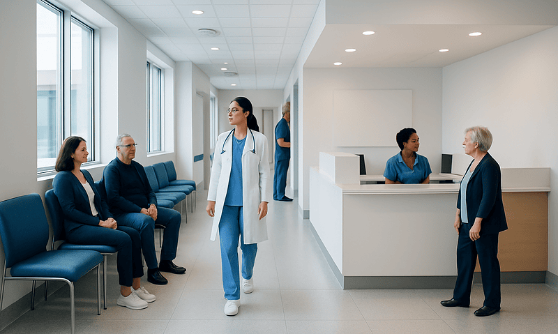 Hospital waiting area with patients and medical staff at Acibadem Hospitals Group.