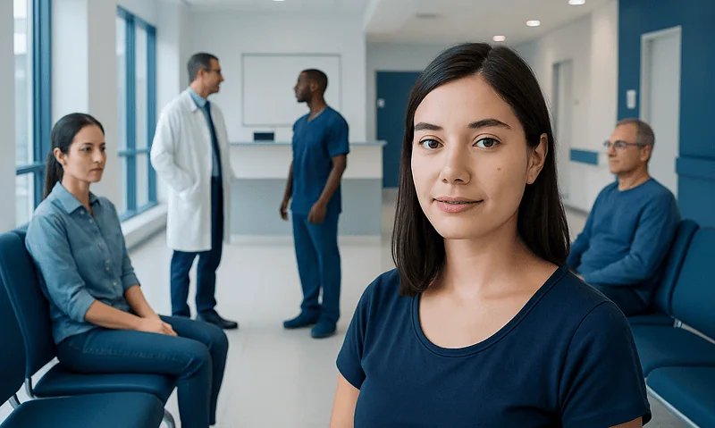 Young woman waiting in a hospital corridor with medical staff in the background.