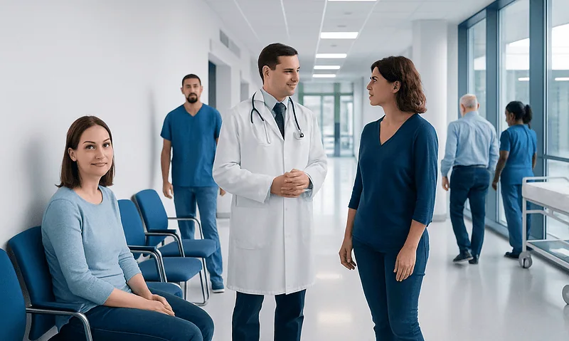 Medical team consulting in hospital corridor with patients and staff.
