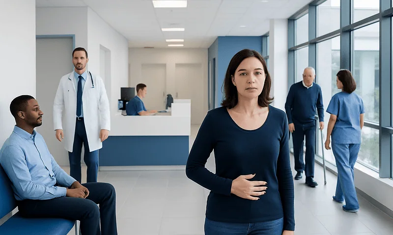 Patient in hospital corridor with medical staff and visitors at Acibadem Hospitals Group.