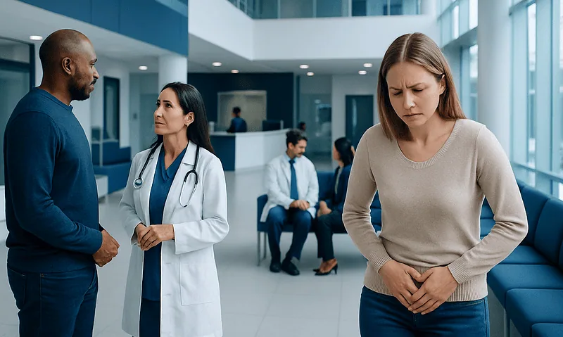 Woman with abdominal pain consulting with healthcare professionals in hospital.