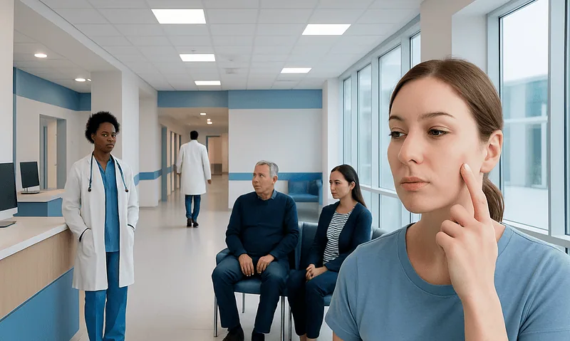 Patient in hospital waiting area contemplating her health options.
