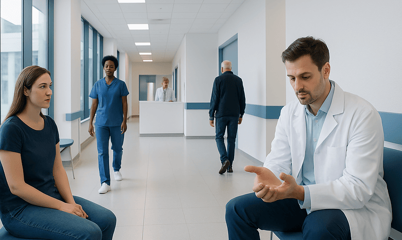 Doctor consulting with a patient in a hospital corridor.