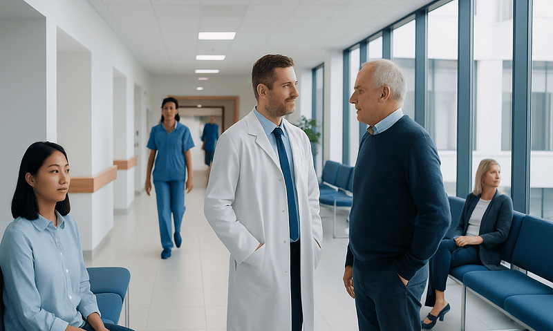 Doctor talking to an elderly patient in a hospital corridor with staff and waiting area.